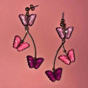 Long Clear Light & Bright Pink & Purple Plastic Butterfly on Goldton